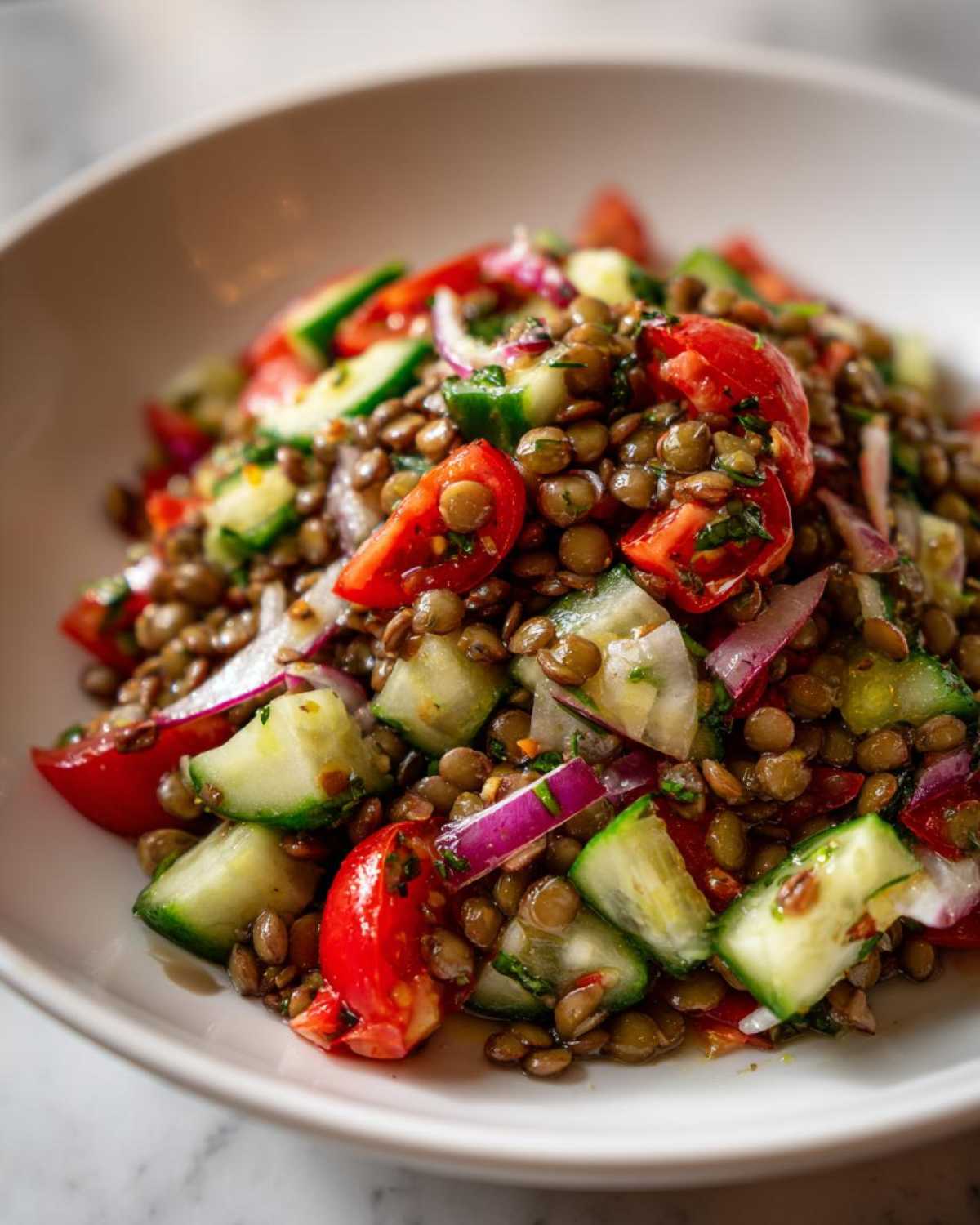 Close-up of a vibrant lentil salad mixed with chopped tomatoes, cucumbers, and red onion slices.