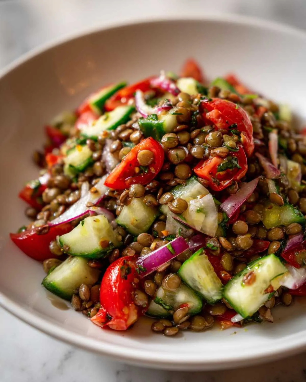 Close-up of a vibrant lentil salad mixed with chopped tomatoes, cucumbers, and red onion slices.