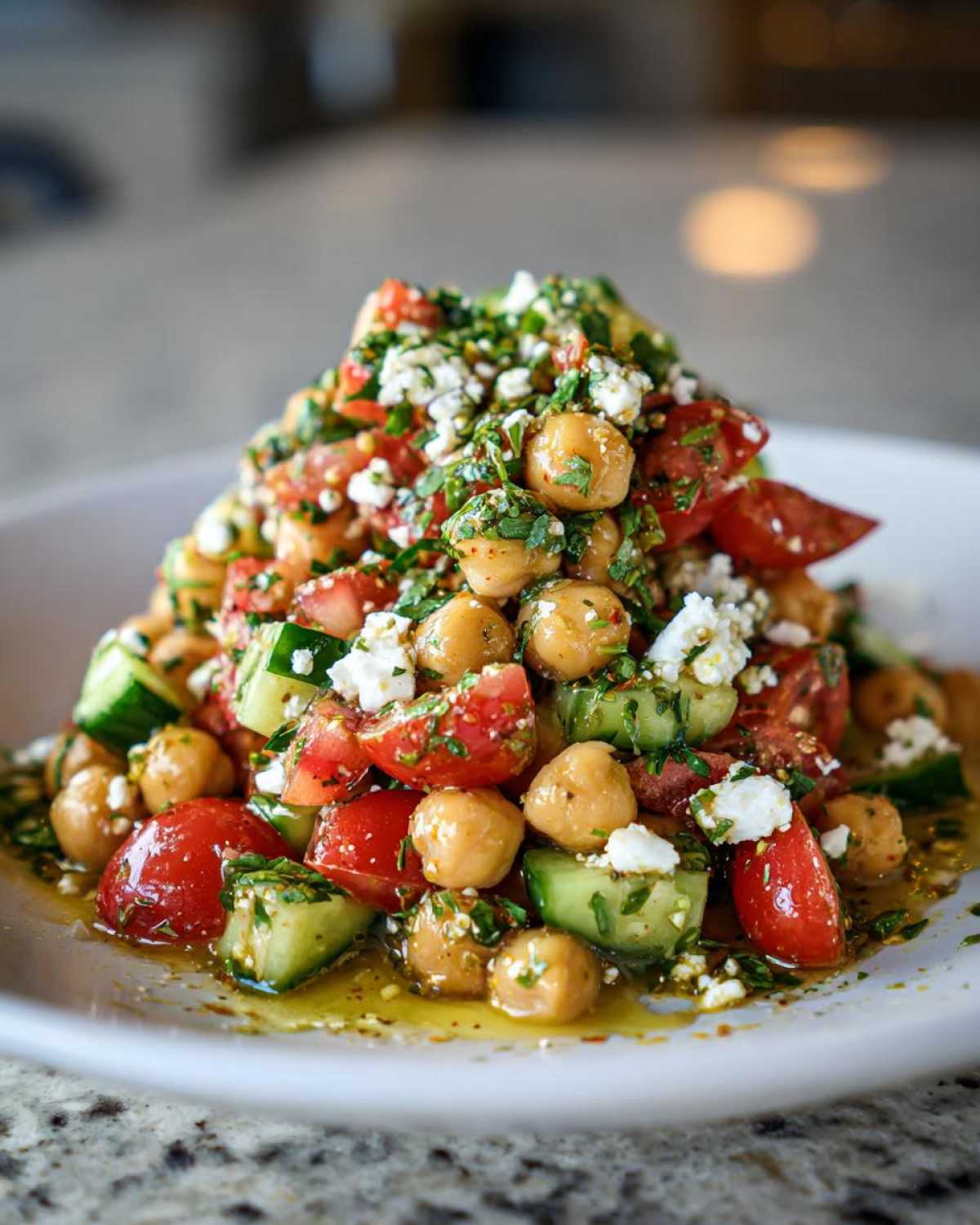 Close-up of a fresh mediterranean chickpea salad piled high with tomatoes, cucumbers, feta cheese, and herbs.