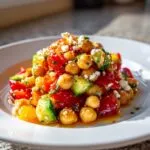 Close-up of a vibrant mediterranean chickpea salad featuring tomatoes, cucumbers, and crumbled feta cheese.