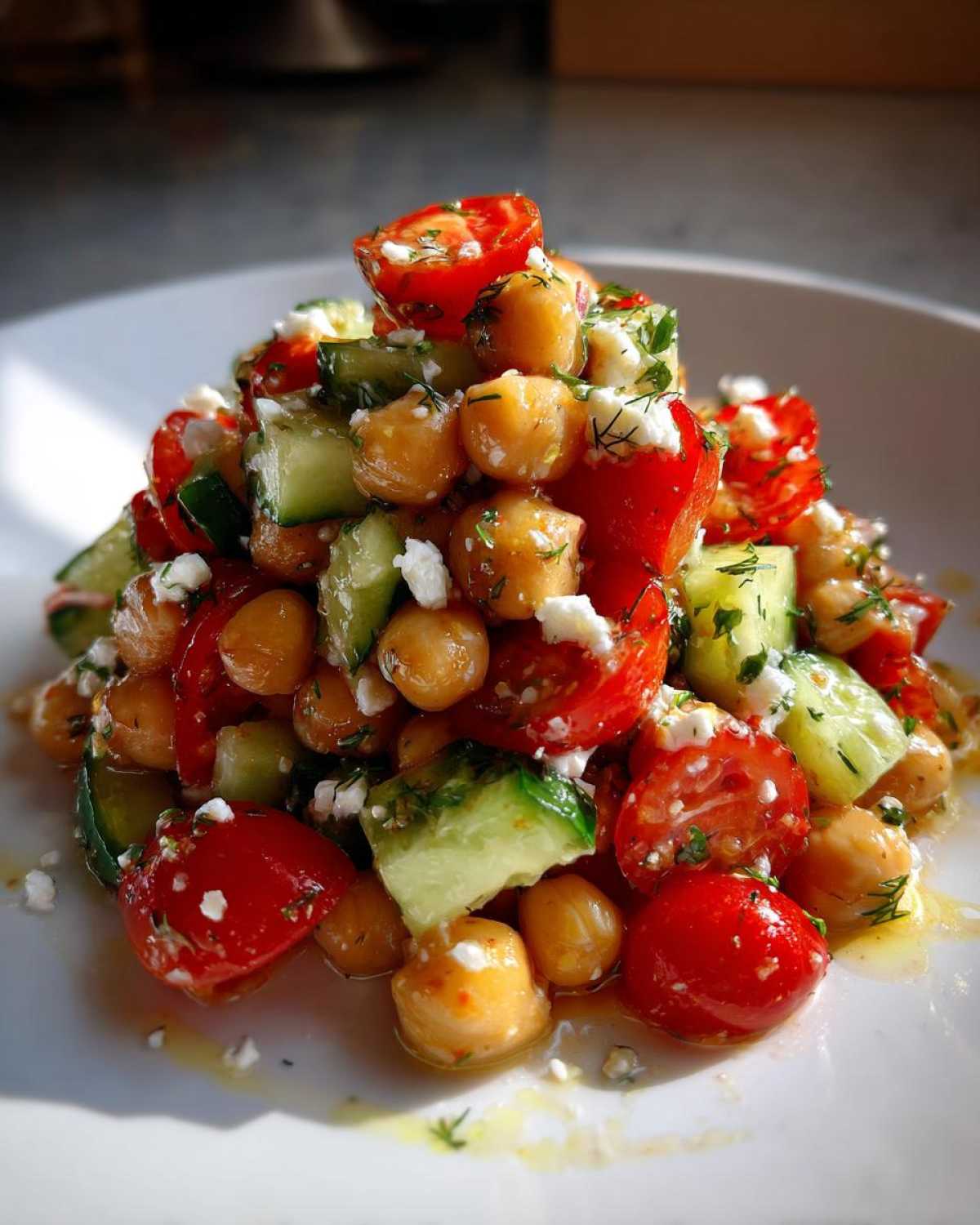A close-up of a vibrant mound of mediterranean chickpea salad featuring chickpeas, chopped tomatoes, cucumber, and feta.