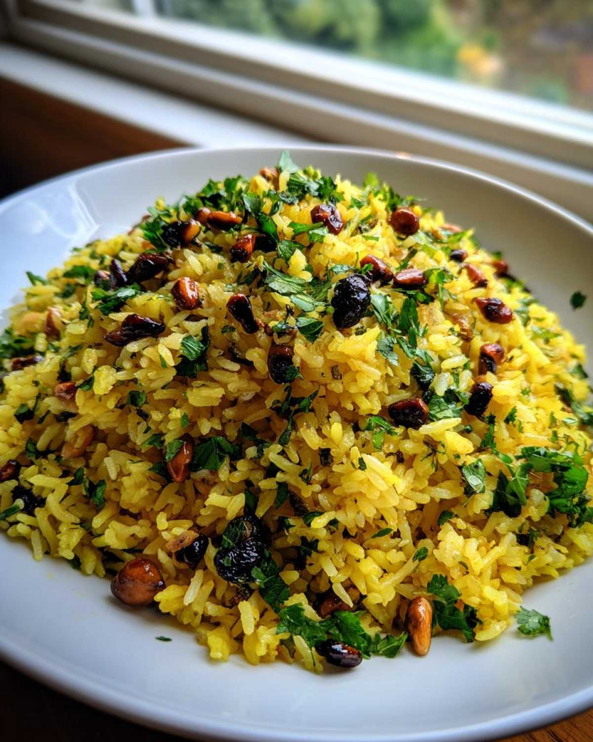 A mound of bright yellow Mediterranean rice topped with chopped parsley, toasted nuts, and dried dark fruit.
