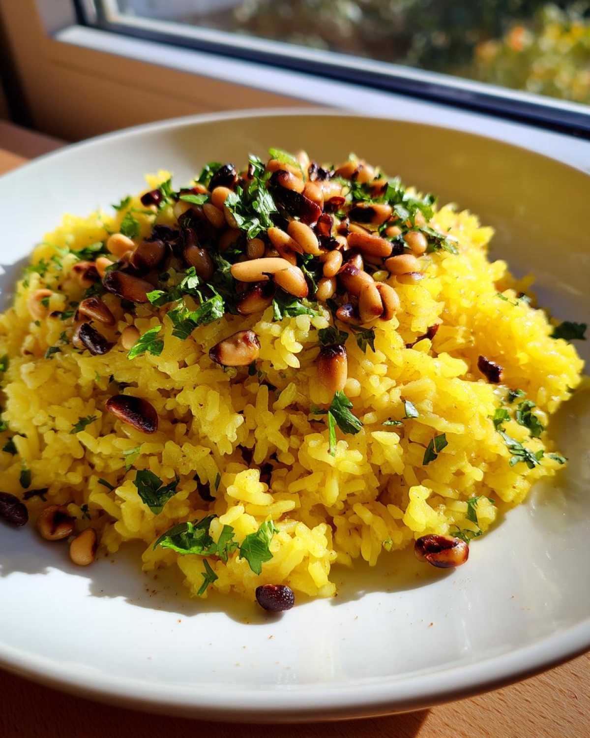 A close-up of vibrant yellow mediterranean rice topped generously with toasted pine nuts and fresh chopped parsley.