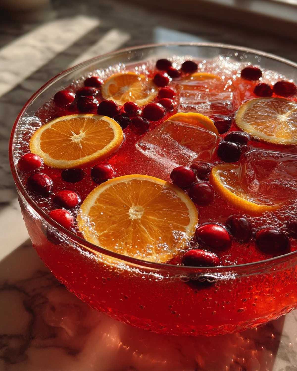 Close-up of a bubbling, red non-alcoholic christmas punch garnished with fresh orange slices and whole cranberries.