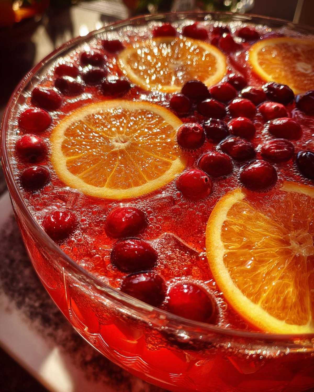Close-up of a vibrant red non-alcoholic Christmas punch garnished with floating orange slices and fresh cranberries.