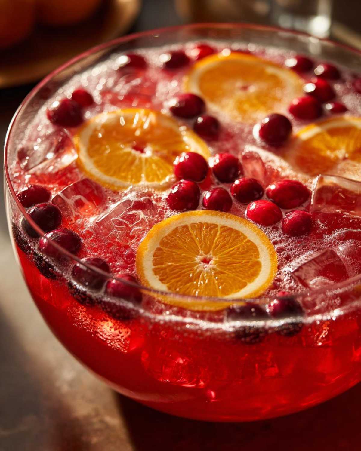 Close-up of a festive non-alcoholic christmas punch in a glass bowl, garnished with orange slices and fresh cranberries.