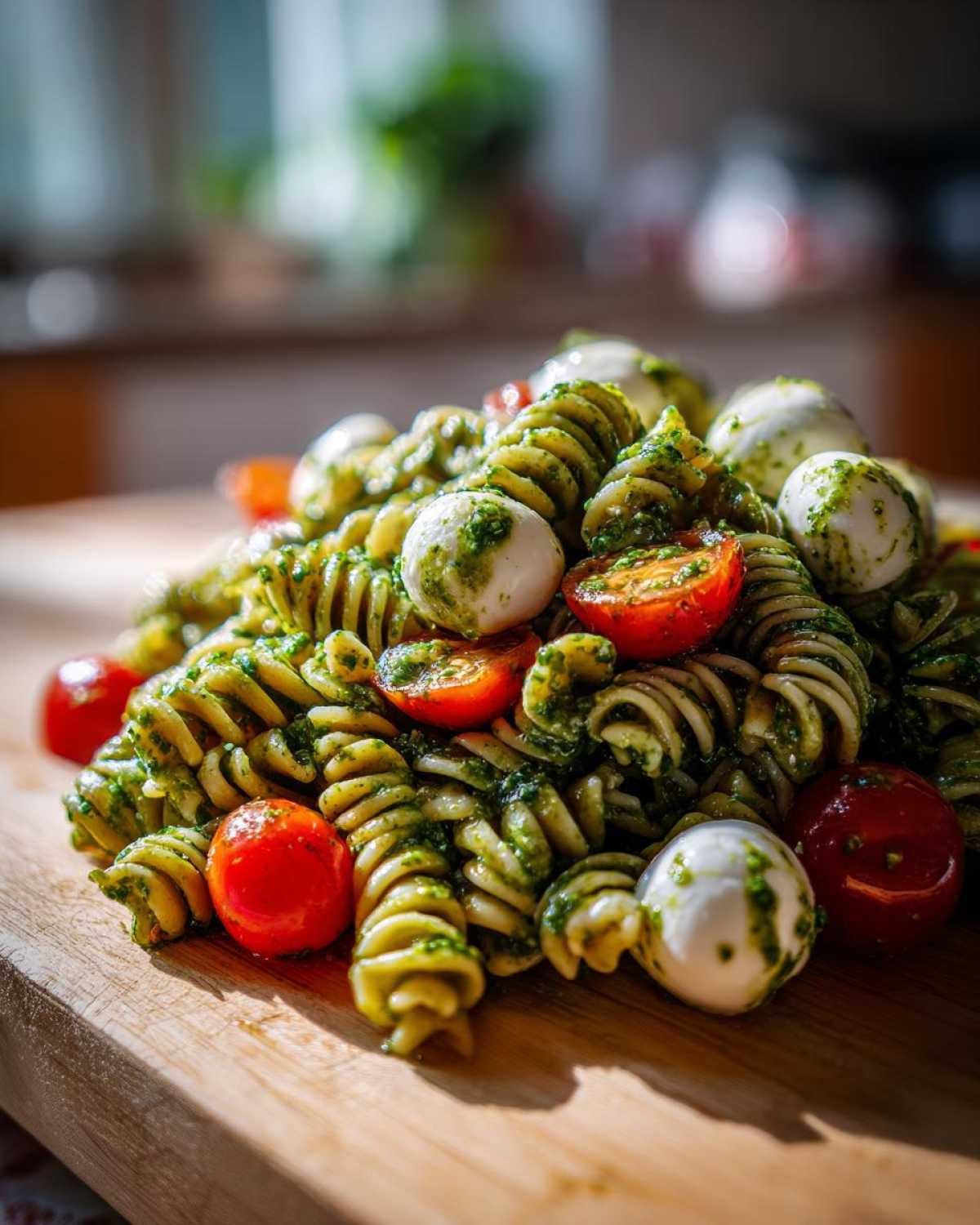 Close-up of a vibrant pesto pasta salad featuring fusilli pasta, small mozzarella balls, and cherry tomatoes on a wooden board.