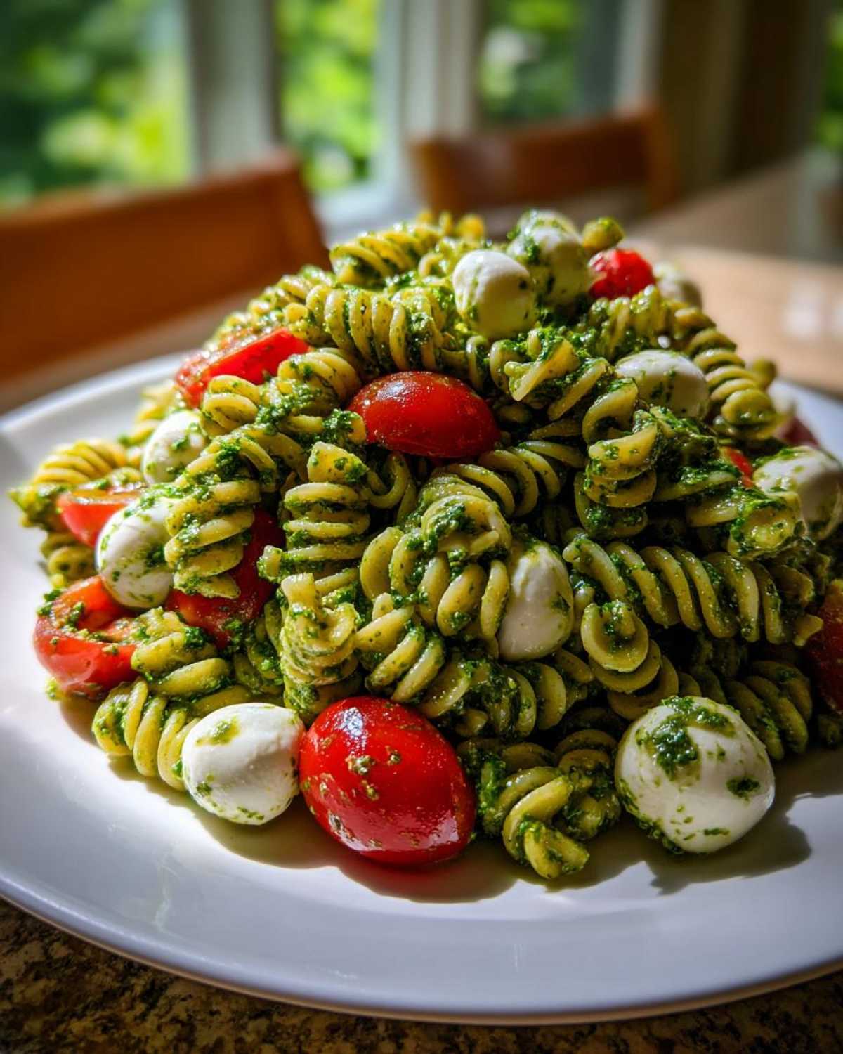 A mound of vibrant pesto pasta salad featuring fusilli pasta, cherry tomatoes, and small mozzarella balls on a white plate.