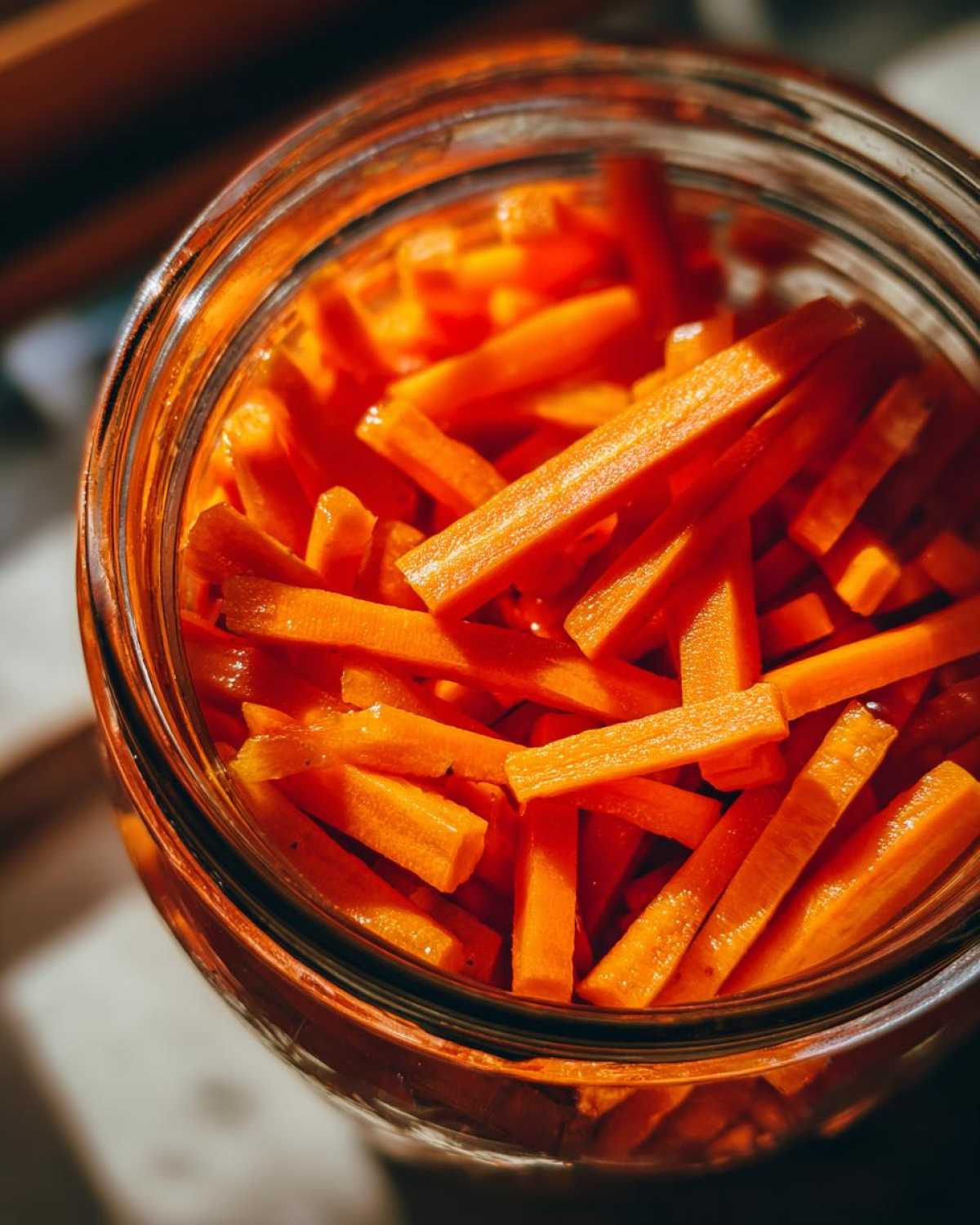 Overhead close-up view of bright orange, julienned pickled carrots packed tightly inside a clear glass jar.