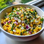 A close-up of a white bowl filled with vibrant street corn salad, topped with cotija cheese, red onion, and cilantro.