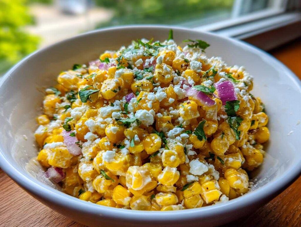 Close-up of a vibrant street corn salad featuring yellow corn kernels, crumbled white cheese, red onion, and cilantro in a white bowl.