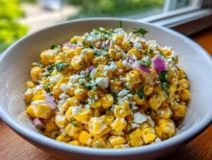 Close-up of a vibrant street corn salad featuring yellow corn kernels, crumbled white cheese, red onion, and cilantro in a white bowl.