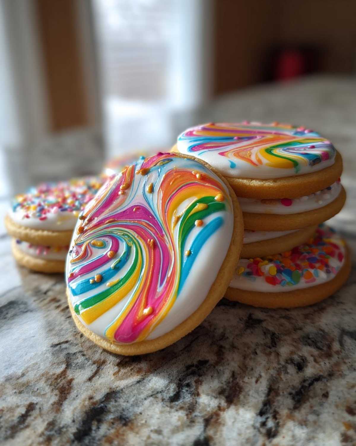 Close-up of sugar cookies decorated with glossy, hard cookie icing featuring a vibrant rainbow swirl pattern and sprinkles.