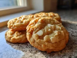 A close-up of freshly baked white chocolate macadamia nut cookies stacked on a granite countertop near a window.