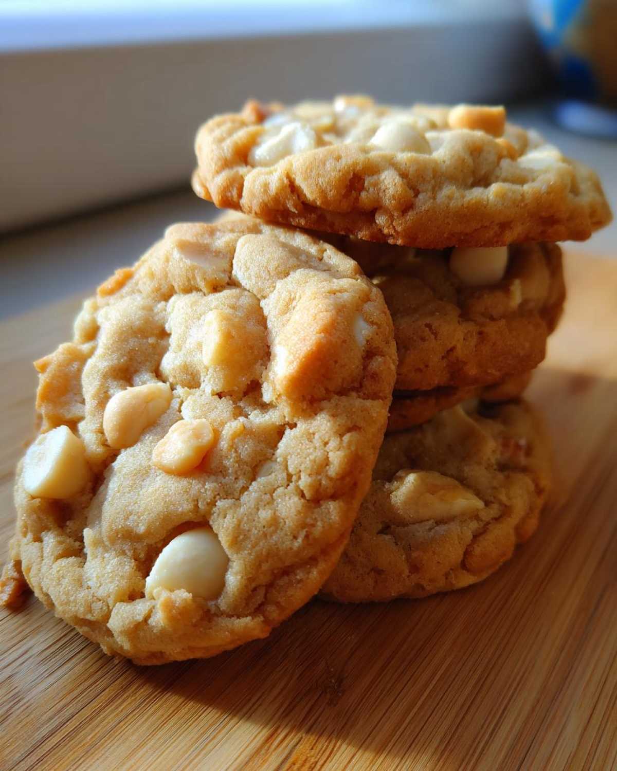 A close-up stack of four freshly baked white chocolate macadamia nut cookies resting on a wooden cutting board.