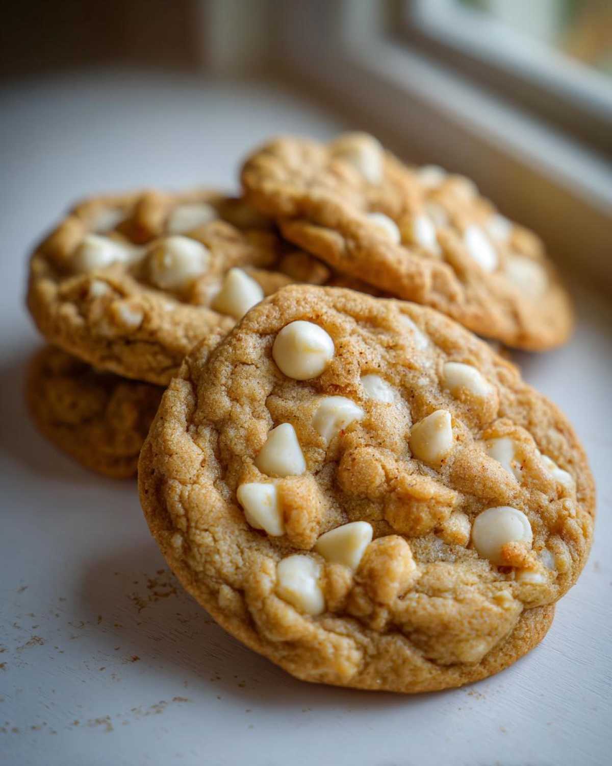 A stack of freshly baked white chocolate macadamia nut cookies with visible white chocolate chips.