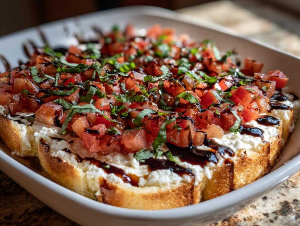 A close-up of a warm bruschetta dip served in a white dish, featuring layers of toasted bread, creamy cheese, diced tomatoes, and fresh basil.