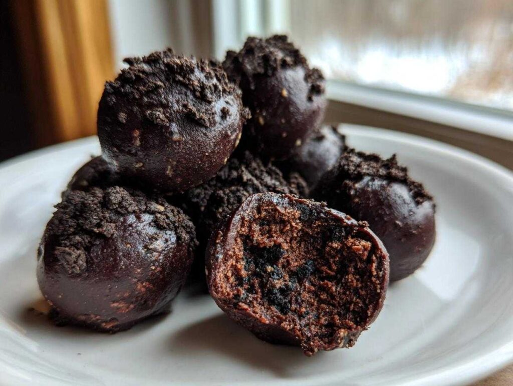 A pile of rich, dark chocolate oreo balls, one cut in half showing the dense interior.