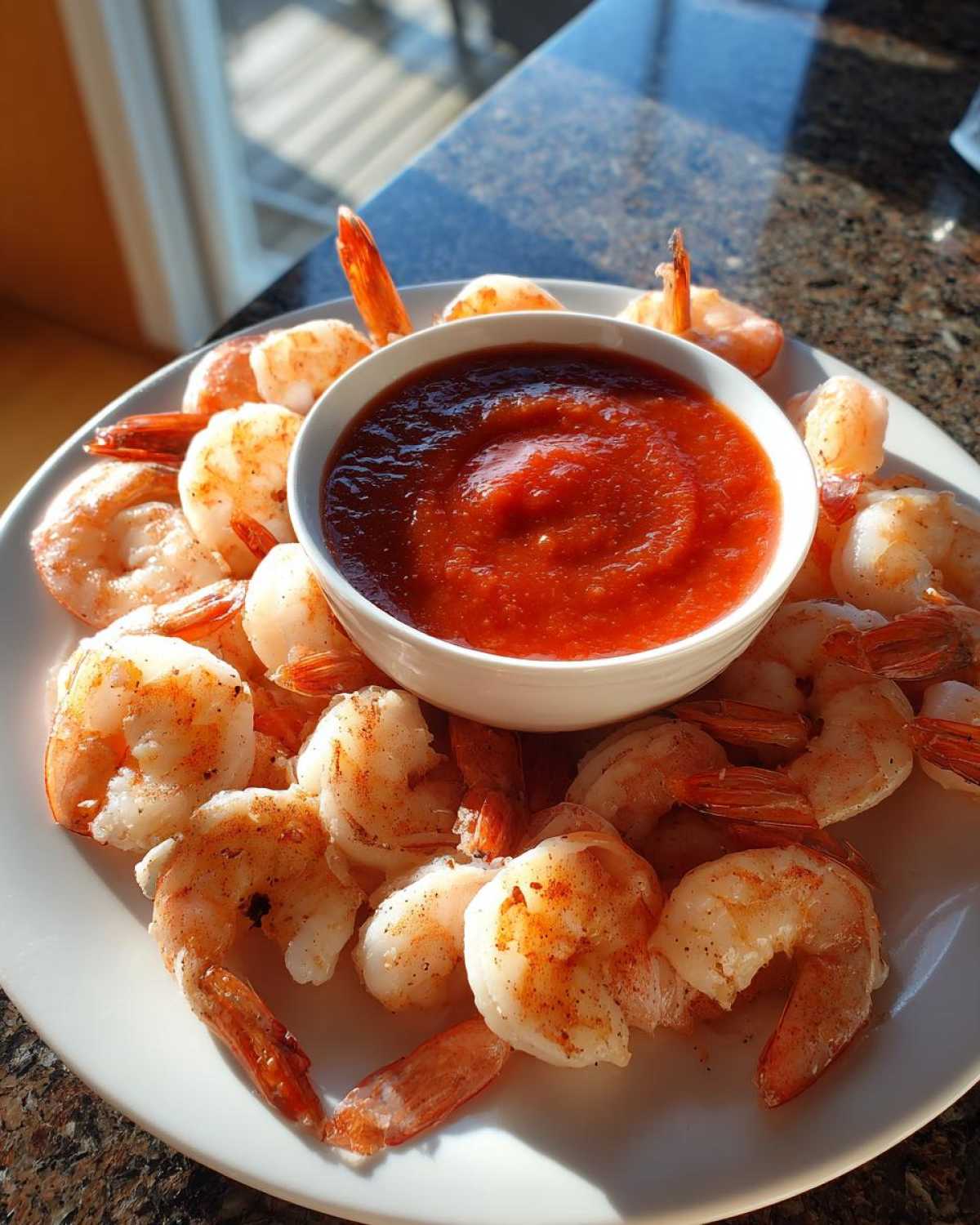 A white platter piled high with cooked shrimp surrounding a central bowl of bright red cocktail sauce for a shrimp cocktail.