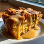 A close-up, sunlit shot of a rich slice of bread pudding generously drizzled with thick caramel sauce.