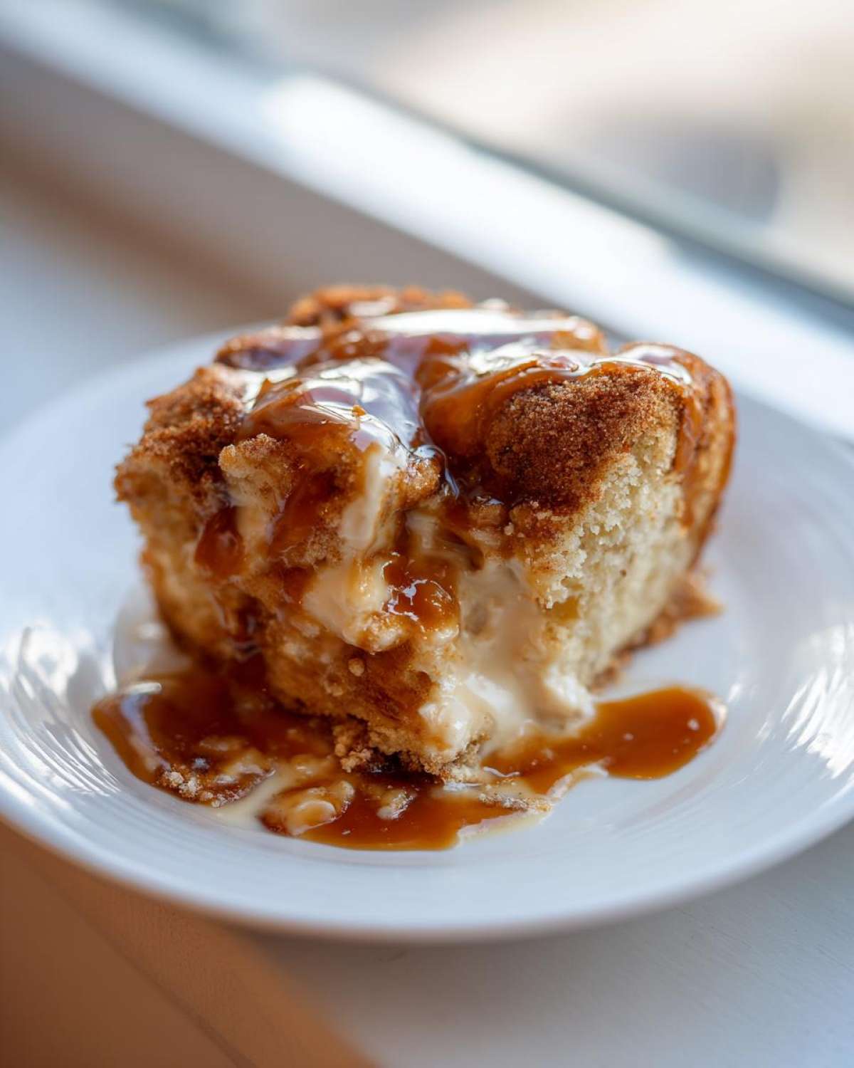 A close-up of a moist slice of bread pudding topped with a rich caramel sauce and melting cream.