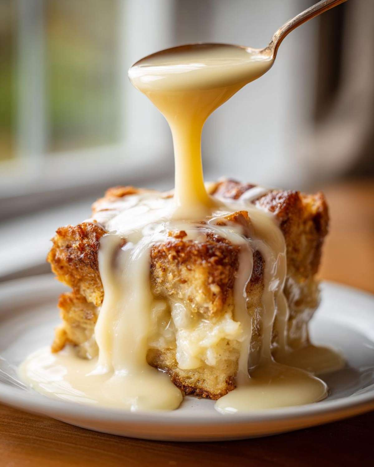A spoonful of creamy vanilla sauce is poured over a square slice of golden brown bread pudding.