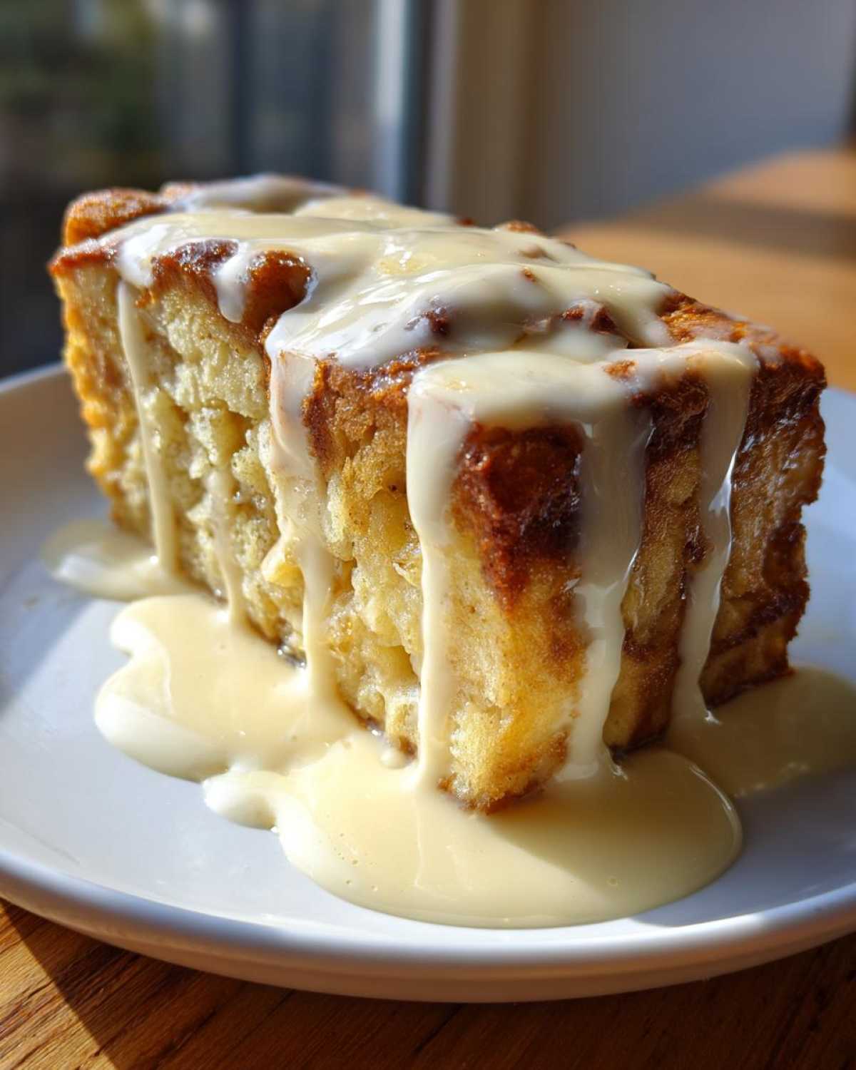 Close-up of a rich slice of bread pudding generously topped with creamy vanilla sauce.