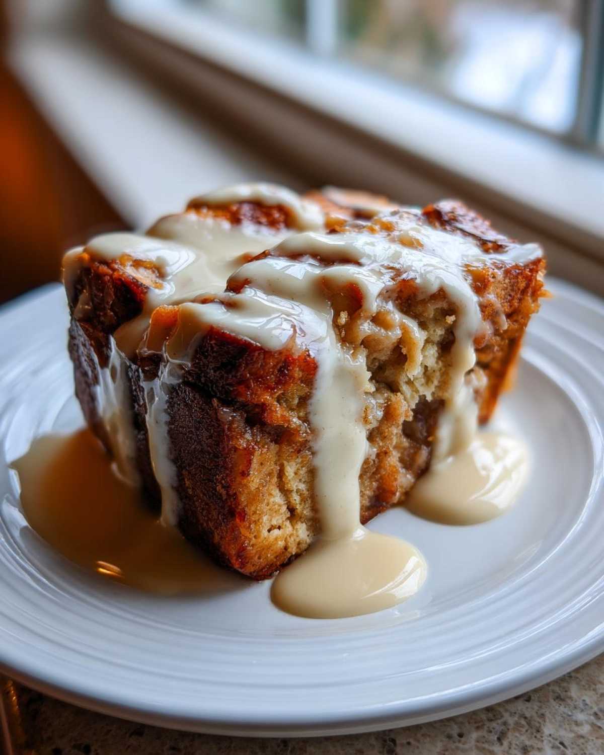 A generous slice of golden brown bread pudding generously topped with creamy vanilla sauce.