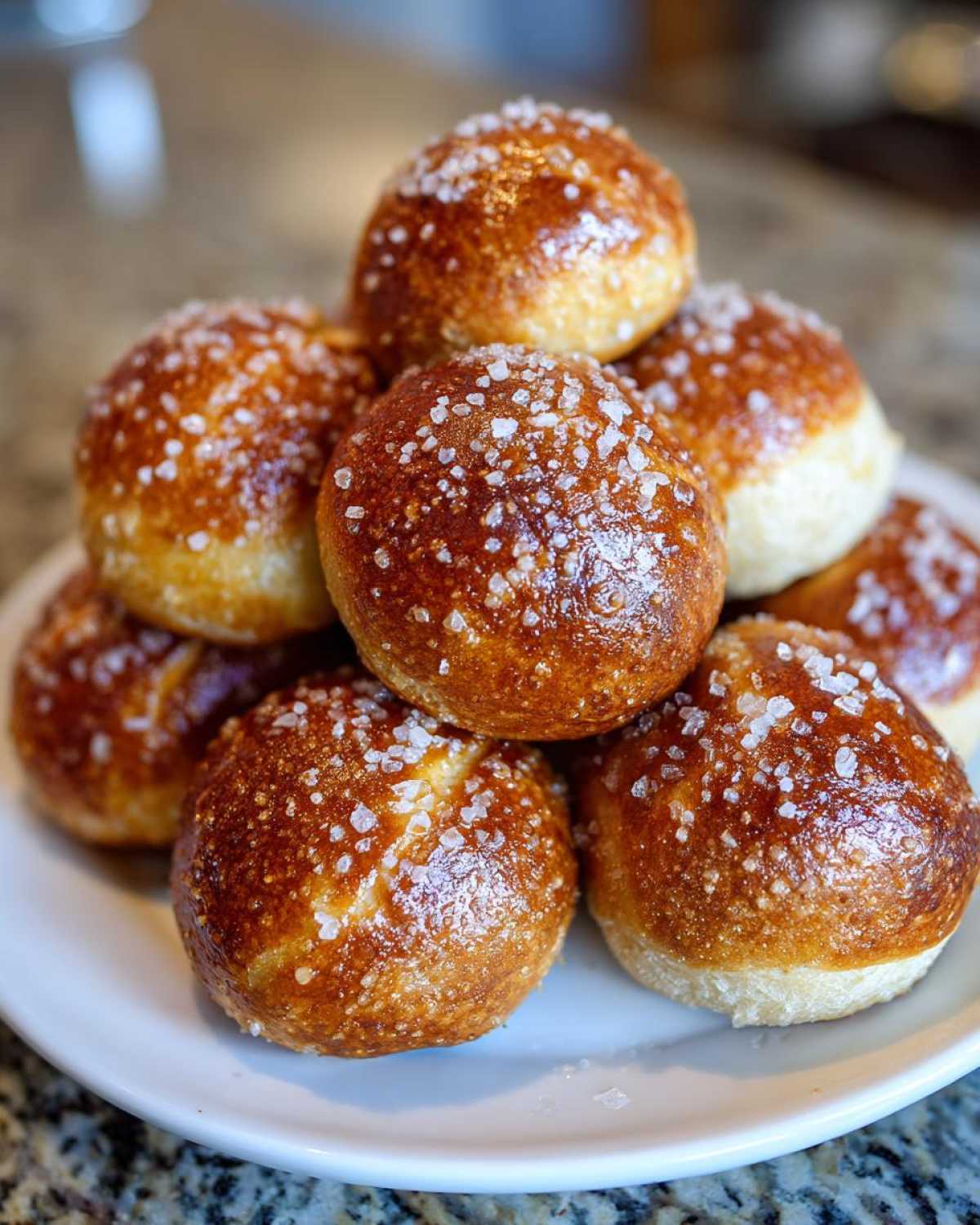 A stack of freshly baked, golden brown pretzel bites sprinkled generously with coarse salt.