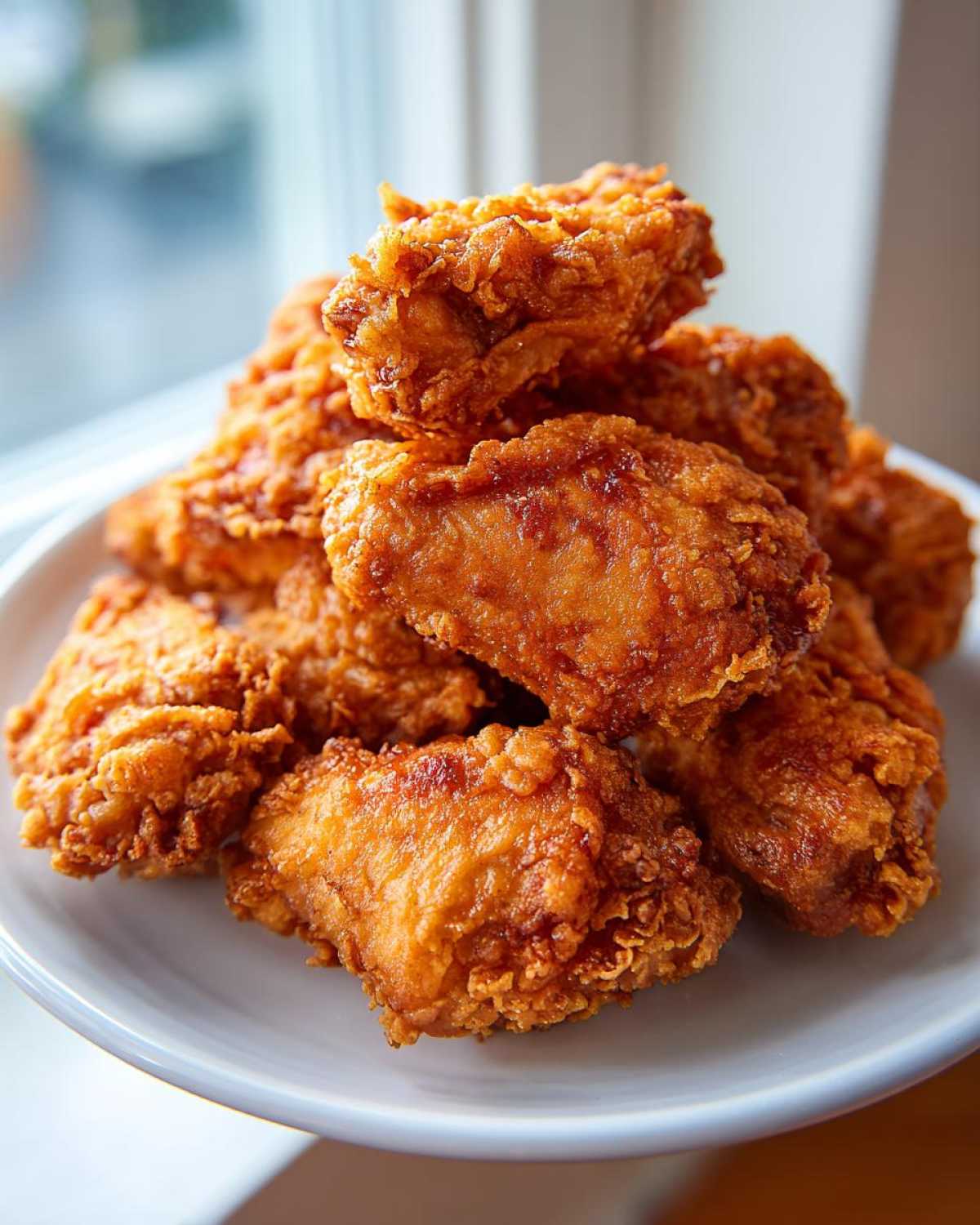 A close-up stack of perfectly golden and crispy fried chicken wings on a white plate.