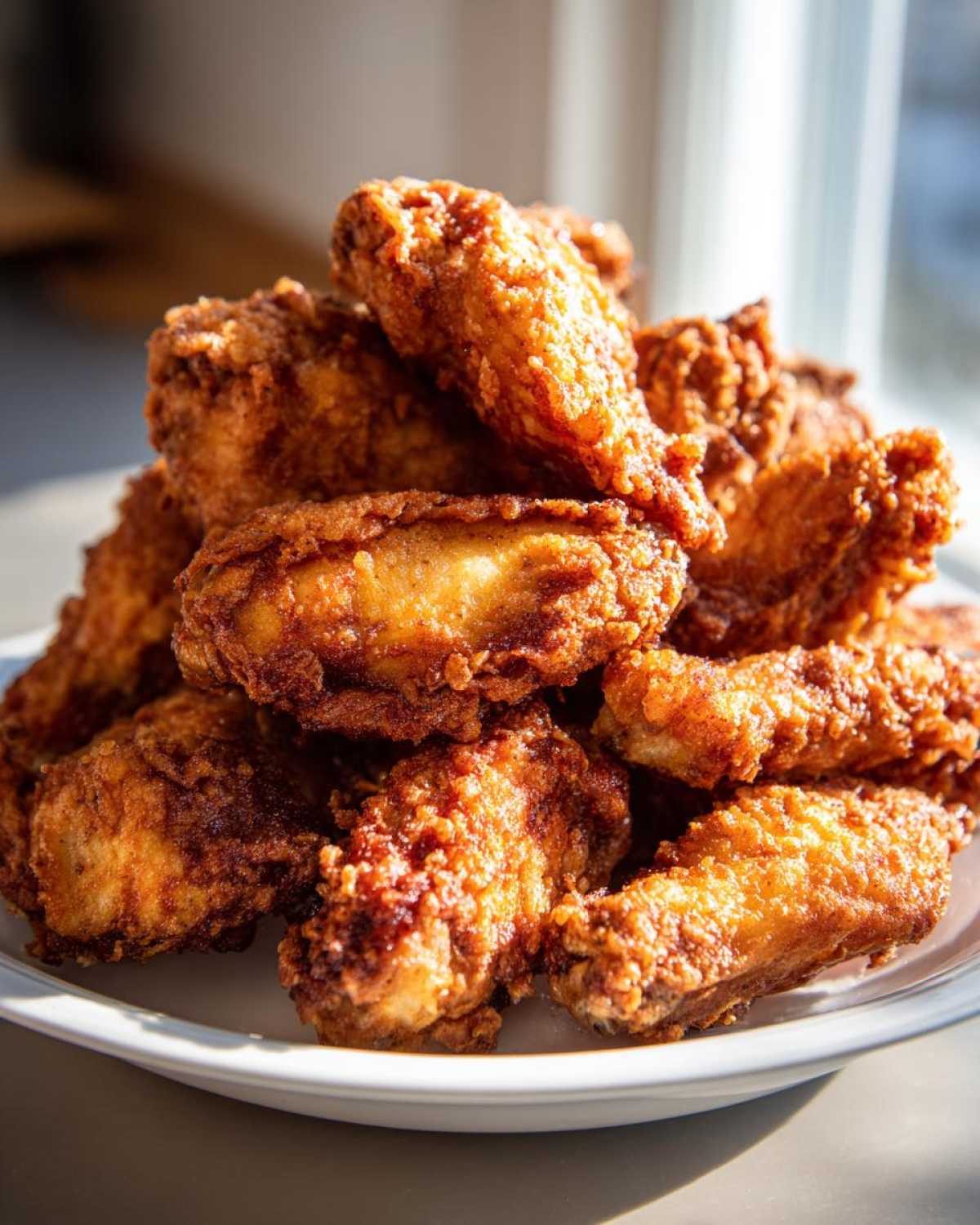 A large pile of golden brown, crispy fried chicken wings stacked high on a white plate.