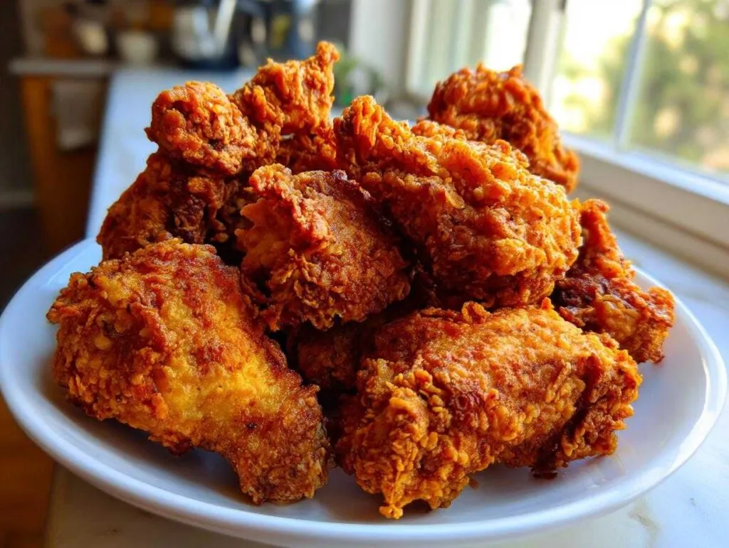 A close-up stack of perfectly golden and crispy fried chicken wings on a white plate.