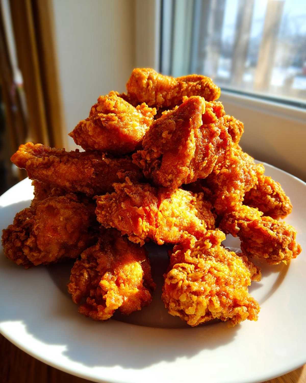 A tall pile of golden brown, crispy fried chicken wings stacked on a white plate near a sunny window.