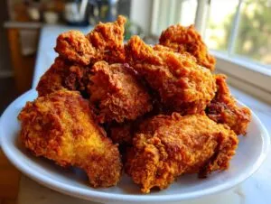 A close-up stack of perfectly golden and crispy fried chicken wings on a white plate.