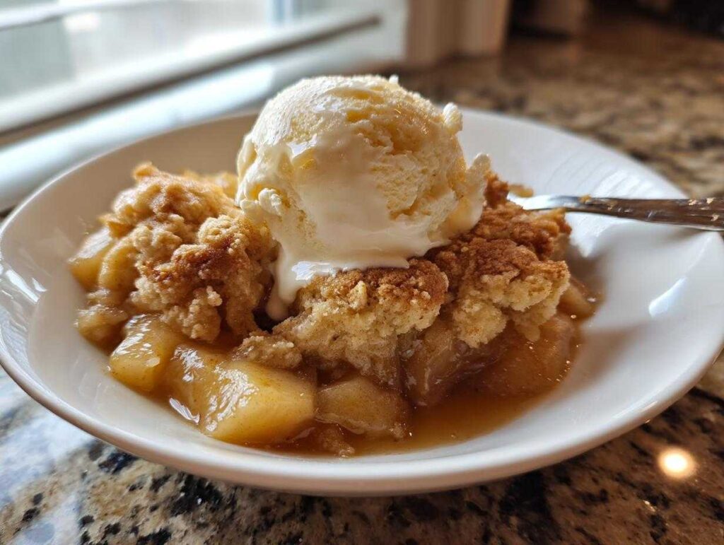 A warm serving of apple cobbler recipe topped with a melting scoop of vanilla ice cream.