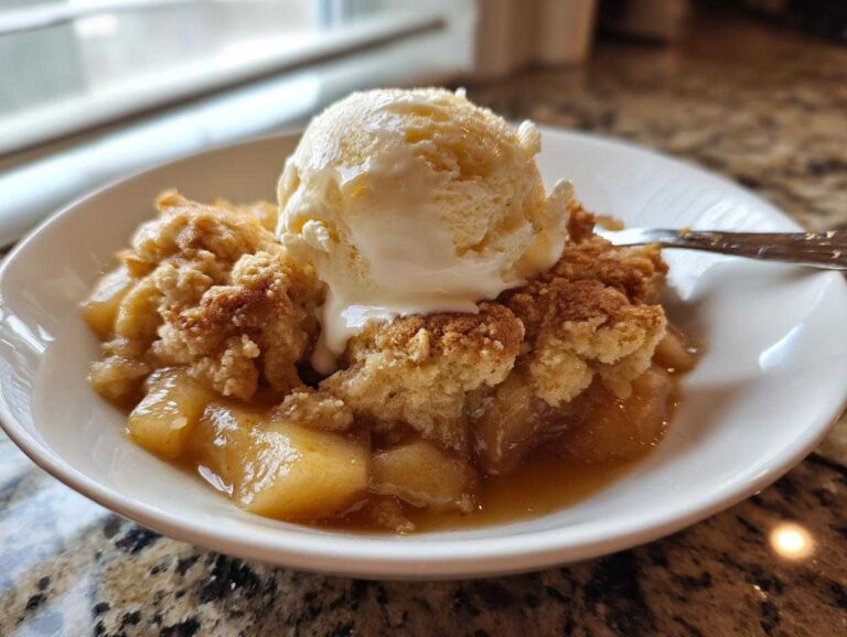A warm serving of apple cobbler recipe topped with a melting scoop of vanilla ice cream.