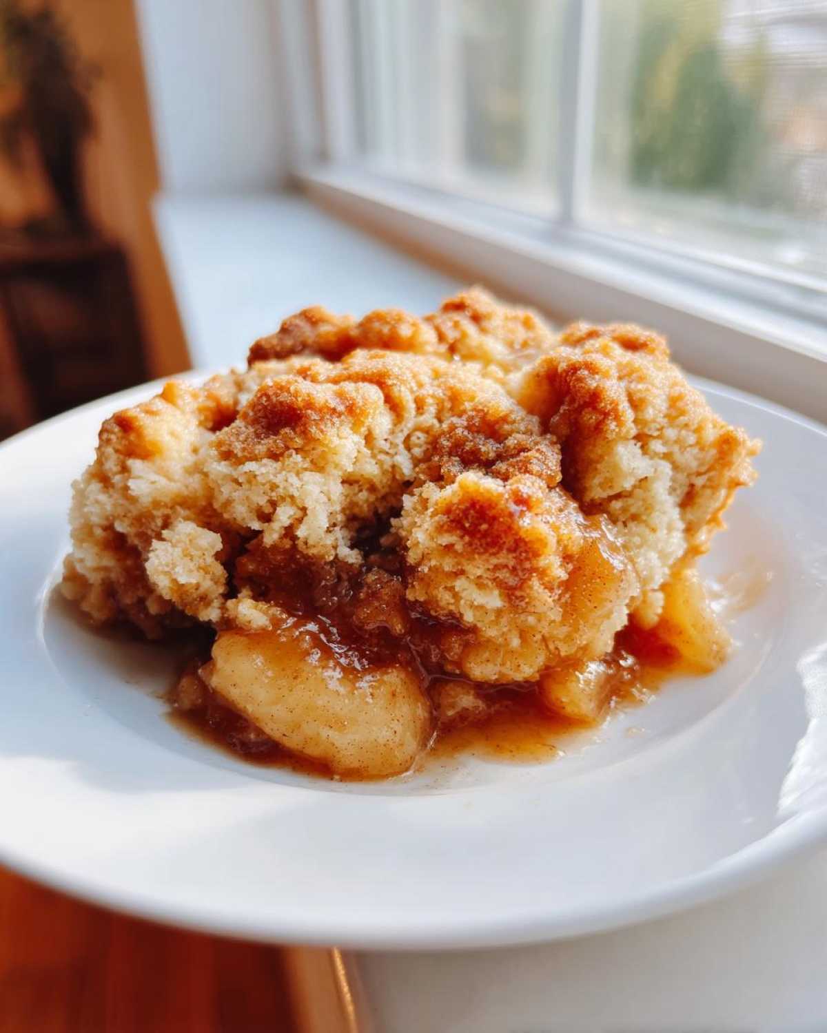Close-up of a serving of amazing apple cobbler recipe with a crumbly topping and gooey cinnamon apples.