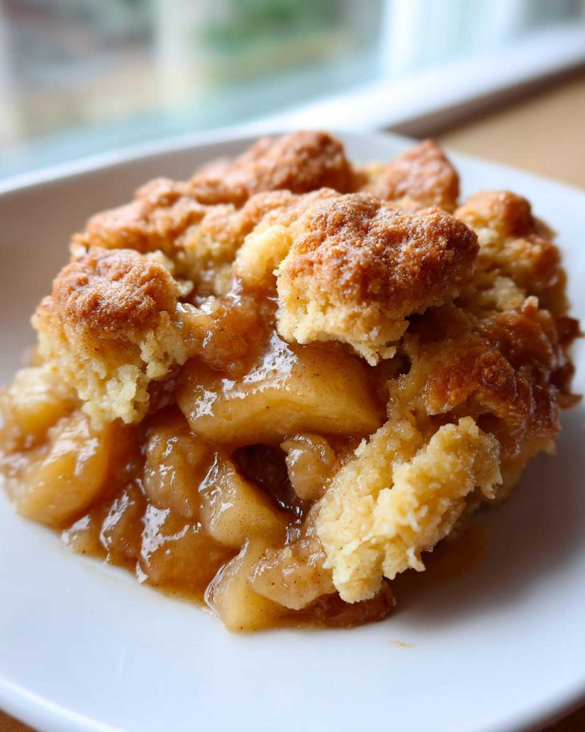 Close-up of a warm serving of apple cobbler recipe with soft, spiced apples and a crumbly, golden topping.