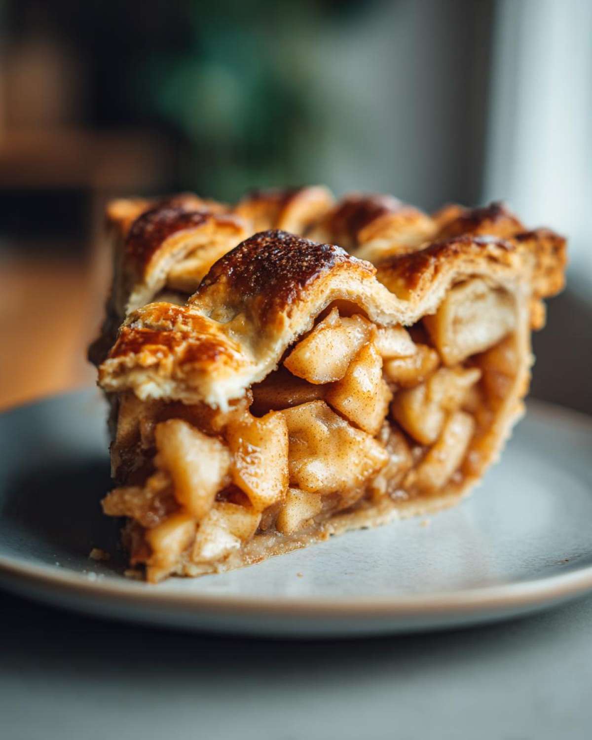 Close-up of a thick slice of amazing apple pie recipe showing chunky cinnamon apples and a golden lattice crust.