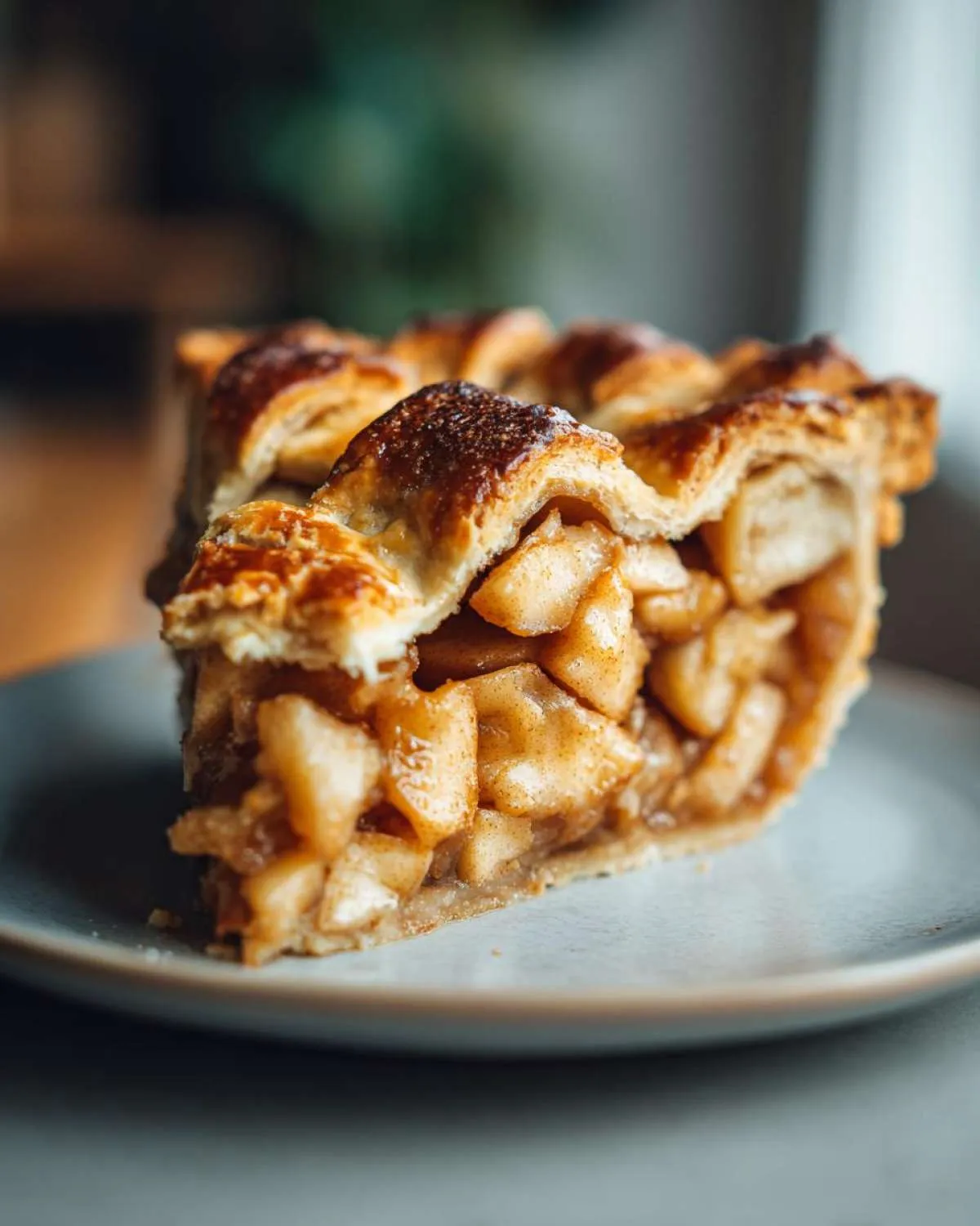 Close-up of a thick slice of amazing apple pie recipe showing chunky cinnamon apples and a golden lattice crust.