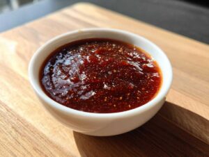 Close-up of thick, rich, homemade bbq sauce glistening in a small white bowl on a wooden surface.