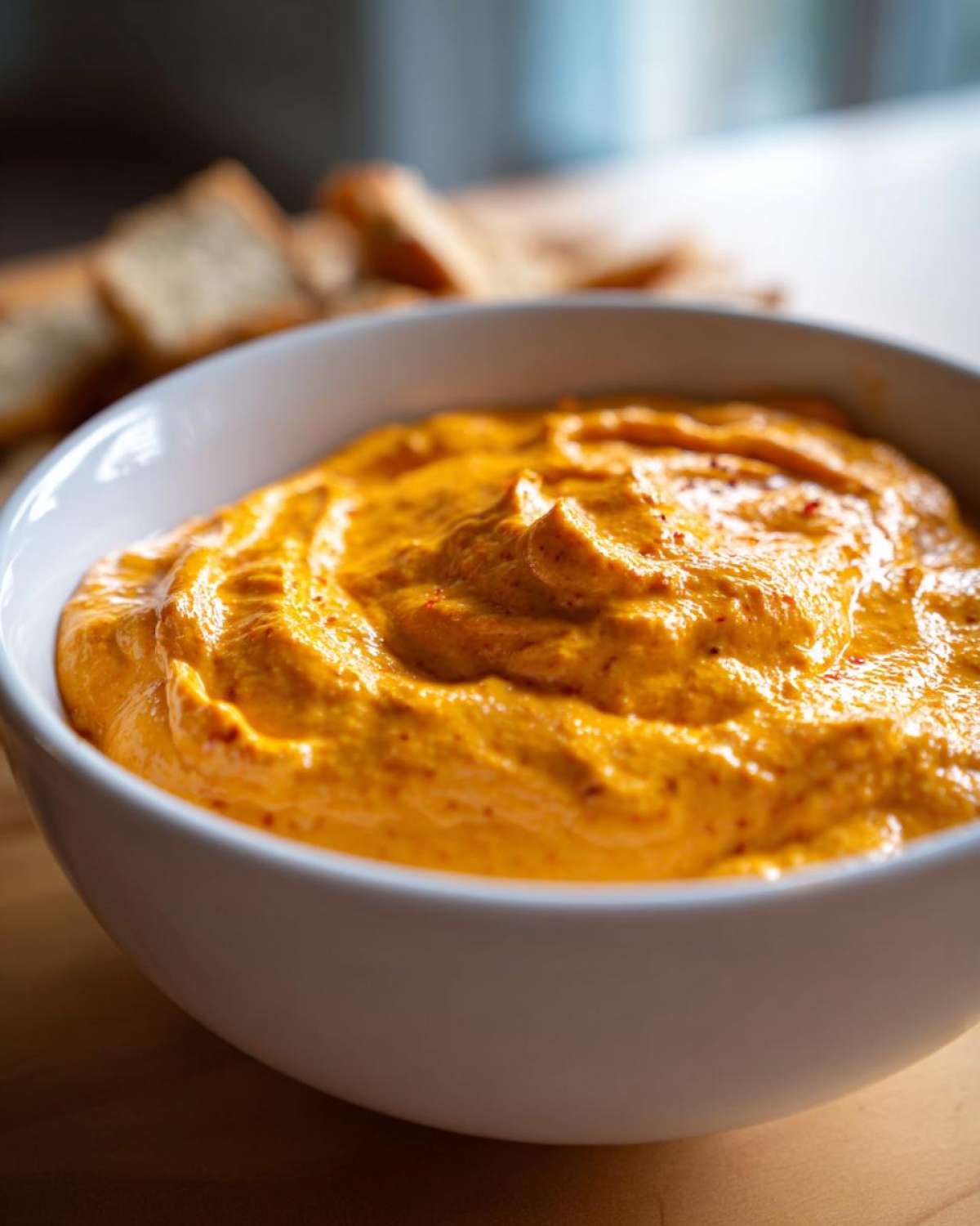 Close-up of a thick, vibrant orange beer cheese dip served in a white bowl, ready for dipping.