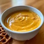 Close-up of rich, orange beer cheese dip served in a white bowl next to salted pretzels.