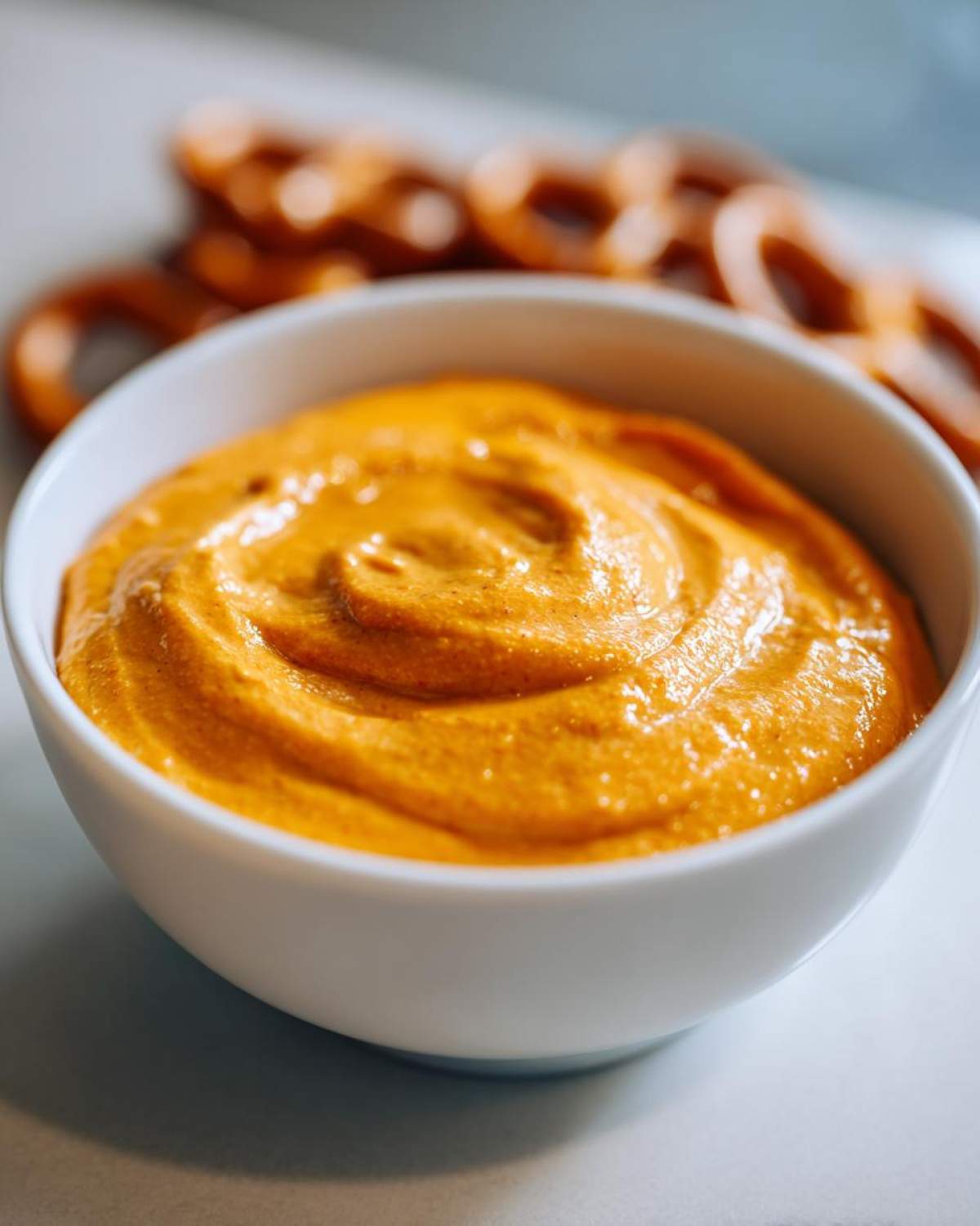 Close-up of rich, orange beer cheese dip swirled in a white bowl, soft pretzels visible in the background.