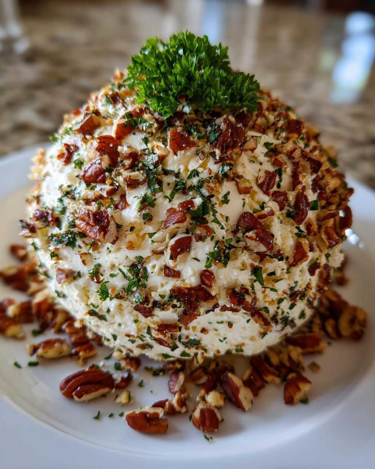 A beautifully formed cheese ball recipe coated in chopped pecans and parsley, topped with a sprig of fresh parsley.