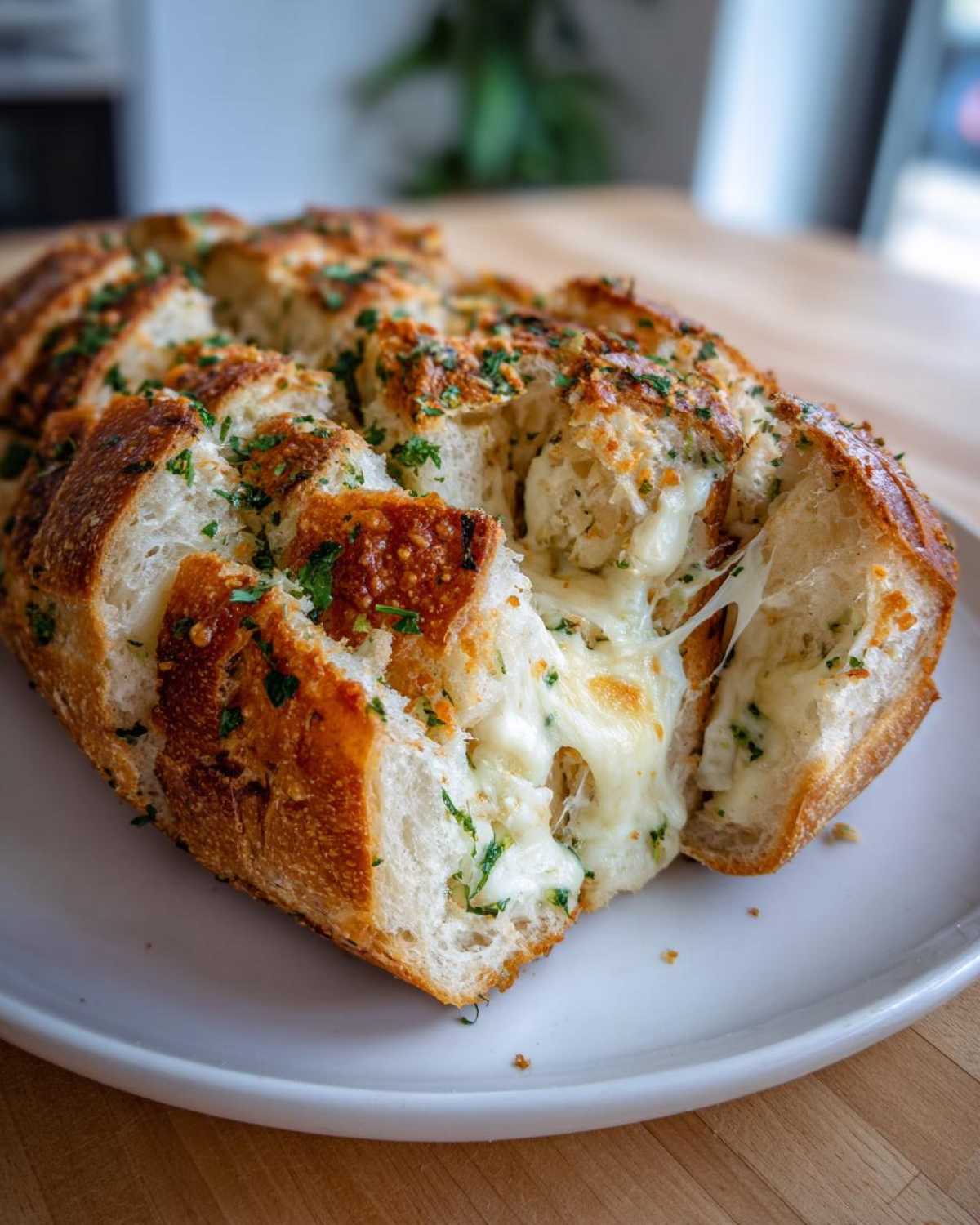 Close-up of baked cheese bread, sliced and stuffed with melted mozzarella cheese and parsley.