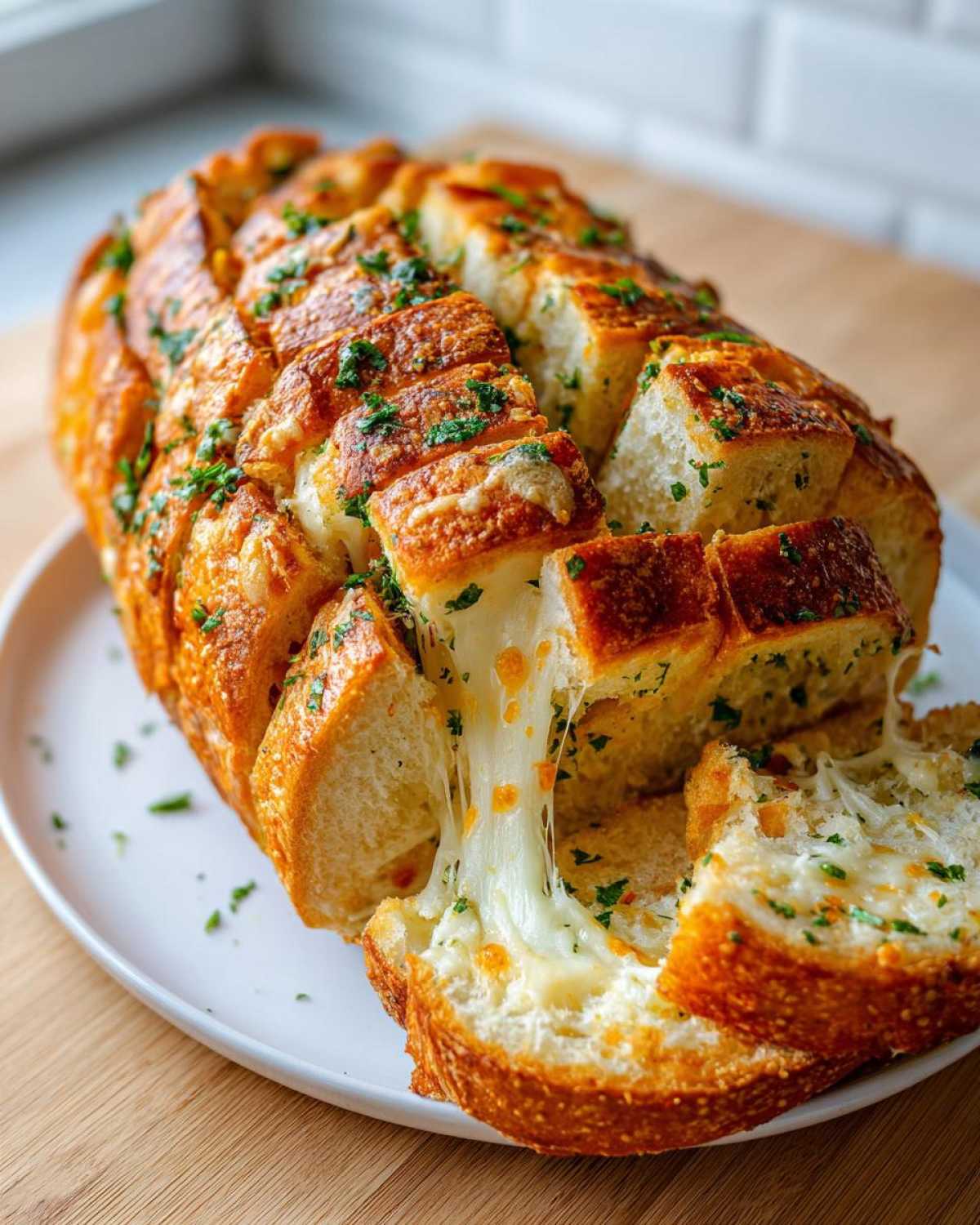 Close-up of a baked cheese bread loaf, sliced and showing a dramatic cheese pull between the pieces.