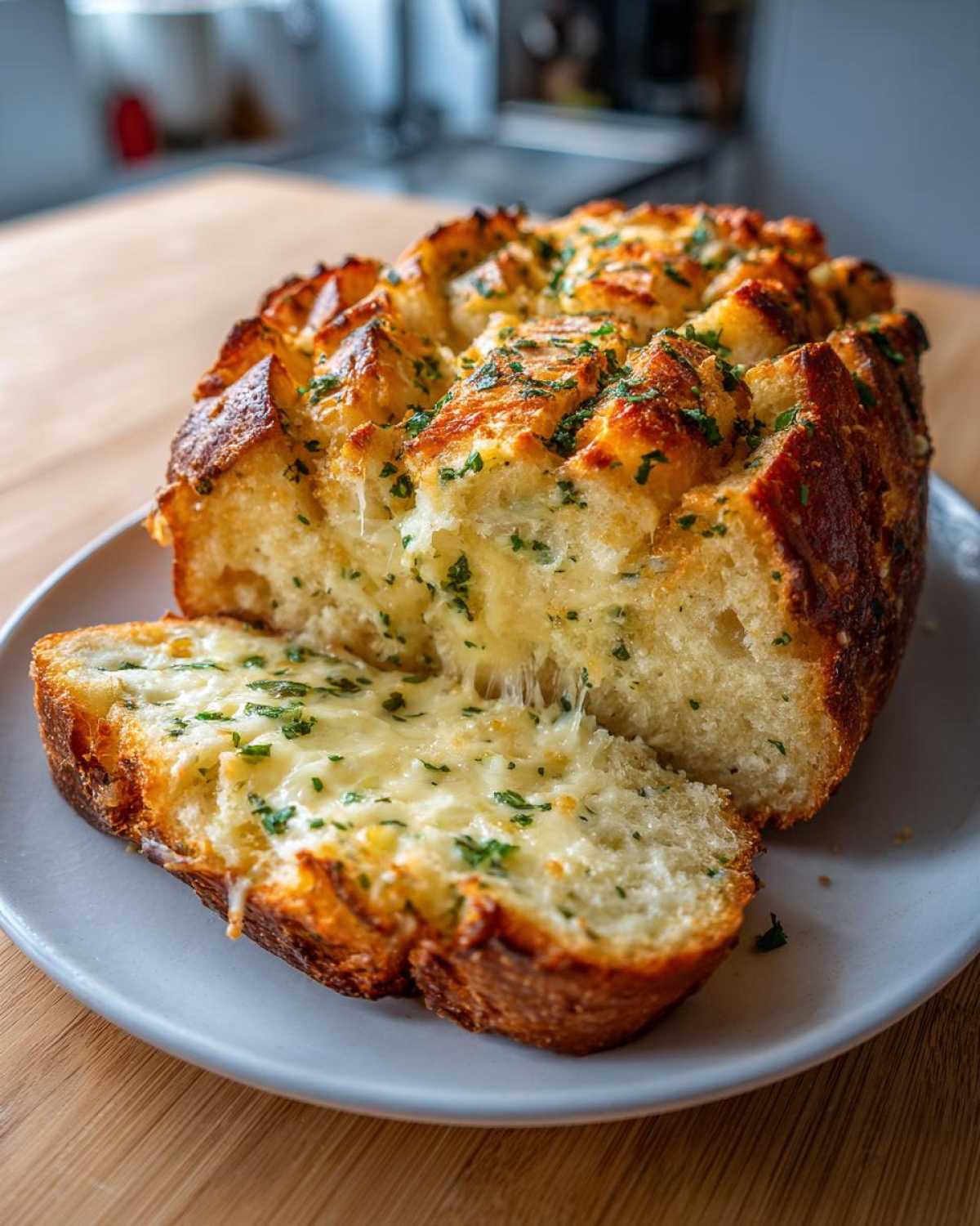 Close-up of a baked cheese bread loaf, sliced open to show melted, stringy cheese and parsley topping.