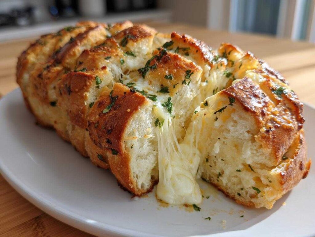 Close-up of a loaf of baked cheese bread, pulled apart to show melted, stringy cheese and green herbs.