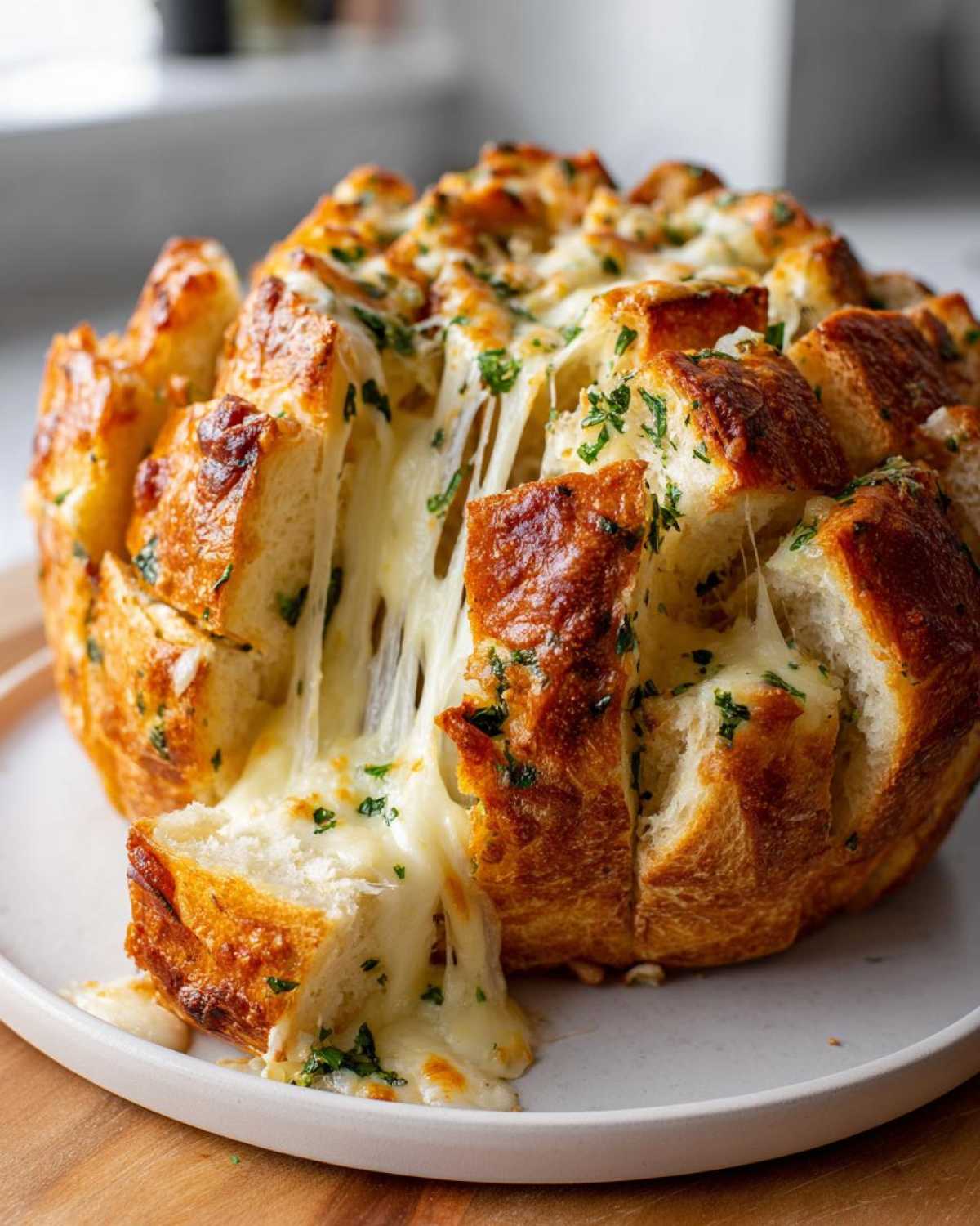 A loaf of baked cheese bread, scored and filled with melted, stretchy cheese and herbs.